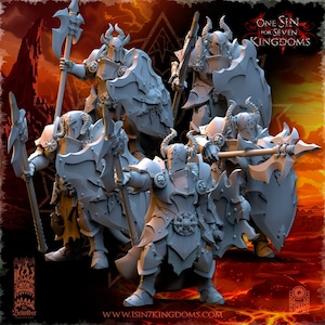 May include: A group of gray miniature figurines of armored warriors with horned helmets, shields, and weapons. The figures are posed in a battle-ready stance. The background features text that reads "ONE SIN FOR SEVEN KINGDOMS" and "The Beholder".