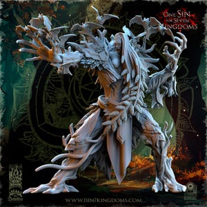 May include: A detailed, gray fantasy figurine of a humanoid tree creature with long hair, leafy accents, and outstretched arms. Bats are perched around the head. The figure is from the "One Sin for Seven Kingdoms" collection.