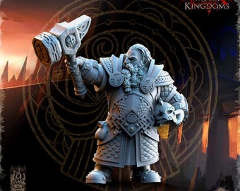 May include: A detailed, gray miniature figure of a dwarf holding a large hammer aloft. The dwarf is clad in ornate armor and has a long beard. The figure is from the "One Sin for Seven Kingdoms" collection.