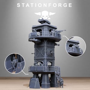 May include: A gray miniature watchtower with multiple levels, ladders, and gun emplacements. The tower has a skull and crossbones emblem at the top and the text "STATIONFORGE" above it. Miniature figures are positioned on the tower.