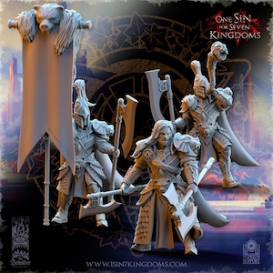 May include: A collection of detailed, unpainted miniature figures of fantasy warriors. The figures are in various poses, holding axes and spears. One figure holds a banner with a bear head. The text "ONE SIN FOR SEVEN KINGDOMS" is visible.