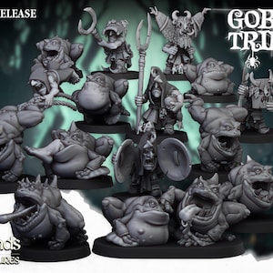 May include: A collection of gray miniature goblin figures, each with unique features and poses, displayed on black bases. The figures include goblins with weapons, shields, and various expressions. The text "GOBLIN TRIBES" and "MARCH RELEASE" are visible.