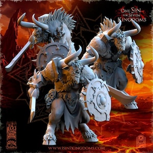 May include: Three detailed fantasy figures of minotaurs, each with horns, armor, shields, and swords. The figures are in a dynamic pose, with a dark, fiery background. The text "ONE SIN FOR SEVEN KINGDOMS" is visible.