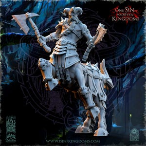 May include: A detailed, grey miniature of a centaur warrior holding two battle axes. The figure has horns, a long beard, and is clad in armour. The base features the text "One Sin for Seven Kingdoms" and "The Beholder".