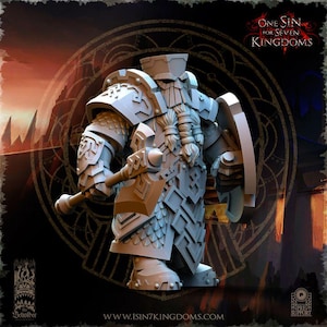 May include: A detailed, gray-colored miniature figure of a dwarf warrior, clad in ornate armor and holding a war hammer and shield. The figure has a long braided beard and is part of the "One Sin for Seven Kingdoms" series. The base has the text "The Beholder" and website address.