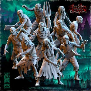 May include: A collection of gray zombie figurines, some holding weapons like cleavers and pitchforks. The figures are posed in dynamic stances, with tattered clothing. The background features a dark, gothic cityscape and the text "One Sin for Seven Kingdoms."