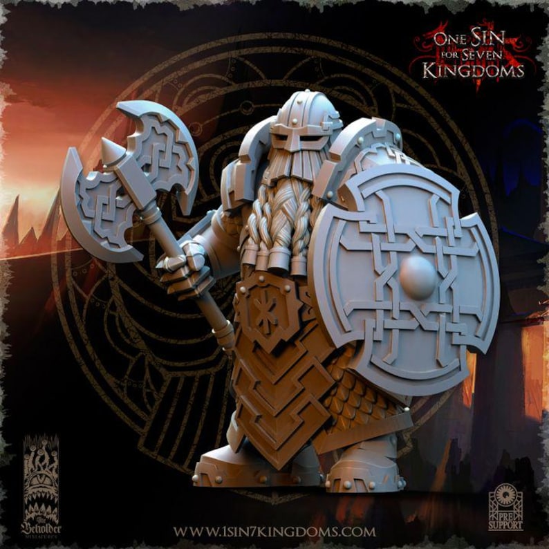 May include: A detailed, light gray figurine of a dwarf warrior, holding a large axe and shield. The dwarf is clad in armor with intricate Celtic knotwork designs on the shield and axe head. The figurine has a long, braided beard and a helmet. The text "ONE SIN FOR SEVEN KINGDOMS" is visible.