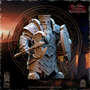 May include: A detailed, gray miniature figure of a dwarf warrior, clad in armor and holding an axe and shield. The figure has a long, braided beard and is posed in a defensive stance. The image includes the text "ONE SIN FOR SEVEN KINGDOMS" and website information.
