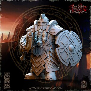 May include: A detailed 3D-printed miniature of a dwarf warrior, clad in ornate armor and wielding a hammer and shield. The figure has a long beard and helmet. The shield features a Celtic knot design. The text "ONE SIN FOR SEVEN KINGDOMS" is visible.