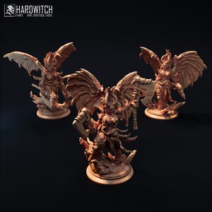 May include: Three detailed resin figurines of winged female warriors, each holding a large axe. The figures are in a dynamic pose, with intricate details on the wings and armor. The Hardwitch Games logo is in the top left corner.