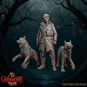 Puede incluir: Imagen digital de un soldado con máscara de gas y abrigo, flanqueado por dos criaturas lobunas gruñendo encadenadas. El soldado está de pie. El fondo es un bosque oscuro con orbes rojos. El texto "Grimoire Tales" y "The Pyre-Hounds" es visible.