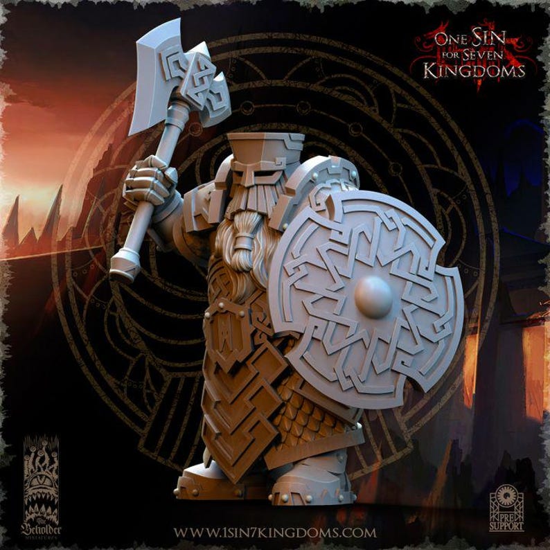 May include: A detailed figurine of a dwarf warrior, holding a large axe and shield. The dwarf is clad in armor with intricate patterns. The shield features a central boss and a complex design. The figurine is in a dynamic pose, suggesting action. The background includes text: "ONE SIN FOR SEVEN KINGDOMS."