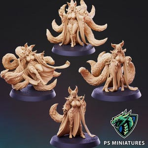 May include: Four unpainted tan resin tabletop gaming miniatures of a multi-tailed fox-like humanoid figure in various poses, each standing on a circular black base. The logo for PS Miniatures is visible in the bottom right corner of the image.