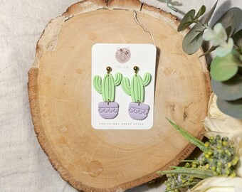 Handmade Polymer Clay Cactus Earrings | Green Potted Plant Dangles