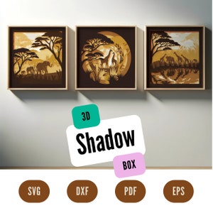 Modello SVG Elephant Safari Shadow box, African Papercut Lightbox cricut SVG, 3D layered Paper cut Light box DXF Papercraft, Set 3 safari