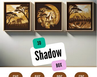 African Safari Shadow Box SVG Template: 3D Papercut Lightbox (Set of 3) (Digital Download)