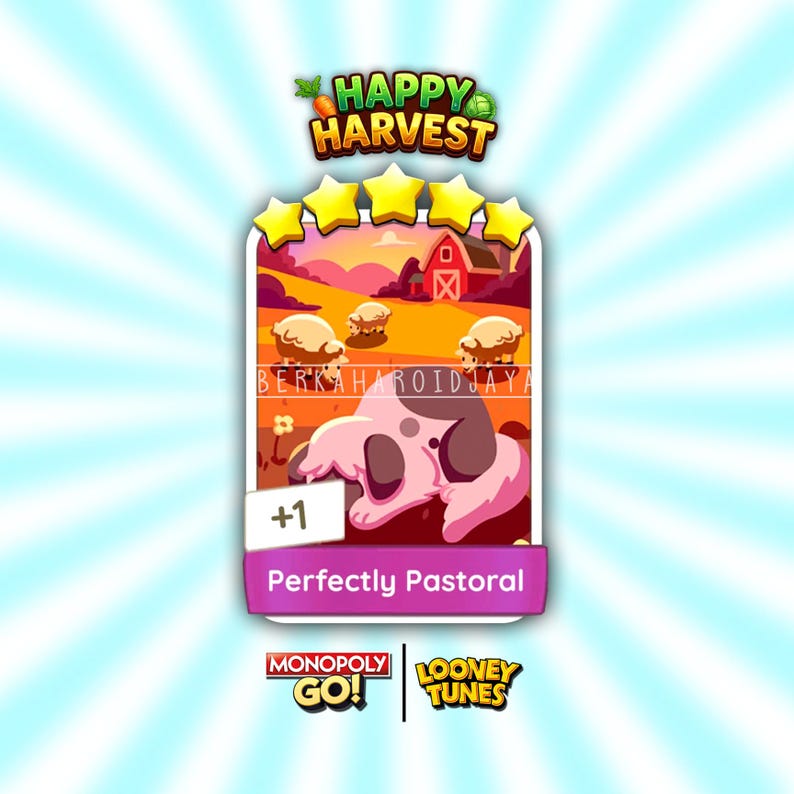 May include: A rectangular digital game card titled Happy Harvest featuring five yellow stars at the top. The illustration shows a farm scene with sheep, a red barn, and a pink cartoon character. The text reads +1 Perfectly Pastoral, Monopoly Go!, and Looney Tunes.