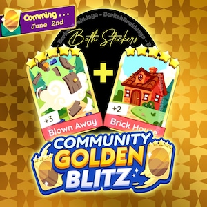 May include: Two digital game cards labeled Blown Away and Brick House, each featuring five gold stars. A yellow plus sign sits between them. Below, a blue banner reads Community Golden Blitz. A purple box in the corner says Comming... June 2nd.