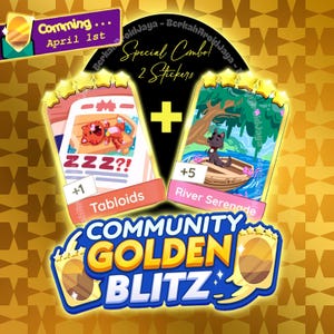 May include: Promotional image for a community event. Features two sticker designs: one with a sleeping tiger and the text "ZZZ?!", and another with a dog in a boat. The text "Special Combo! 2 Stickers" is also present, along with "Community Golden Blitz" and "Coming April 1st."
