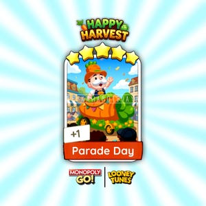 以下が含まれることがあります： Happy Harvest Parade Dayと題されたデジタルゲームカード。人参型のフロートに乗った漫画のキャラクターが描かれています。カードの上部には5つの黄色い星、プラス1の表示があり、下部にはMonopoly GoとLooney Tunesのロゴが配置されています。
