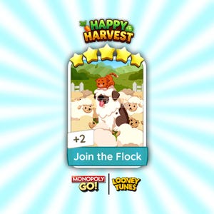 May include: A digital game card titled Happy Harvest featuring five yellow stars, a central illustration of a large white and brown dog surrounded by fluffy sheep with a small orange cat on its head, the text +2, and the label Join the Flock.