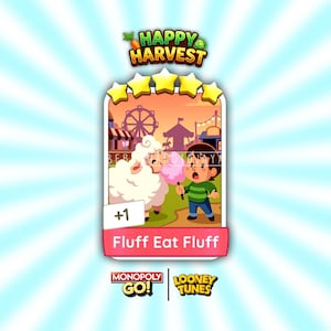 May include: A digital game card titled Happy Harvest Fluff Eat Fluff featuring a cartoon illustration of a white sheep eating pink cotton candy next to a child in a green striped shirt. The card displays five yellow stars and a plus one symbol.