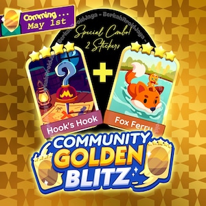 May include: A promotional image for a sticker set. The image features two illustrated stickers: "Hook's Hook" with a pirate theme and "Fox Ferry" with a fox and gingerbread man. The text reads "Special Combo! 2 Stickers" and "Community Golden Blitz."