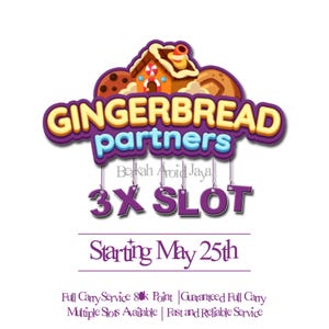 Może przedstawiać: Grafika z napisem "GINGERBREAD partners" w kolorze fioletowym i żółtym, z ilustracją domku z piernika. Poniżej widnieje napis "3X SLOT" i "Starting May 25th". Obraz zawiera również dodatkowy tekst o usługach.