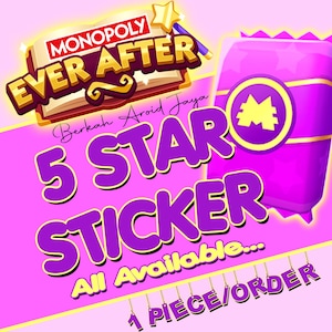 May include: A promotional image for Monopoly Ever After stickers. The design features a purple and pink color scheme with the text "5 STAR STICKER" in large purple letters. A purple package with a yellow emblem is also shown.