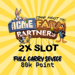 Peut inclure: Un graphique jaune à rayons solaires avec Bugs Bunny, Daffy Duck, Sylvester et Tweety. Le texte indique ACME FARM PARTNERS, COMING AUGUST 25TH, 2X SLOT, FULL CARRY SEVICE et 80k Point. Le design inclut un panneau en jean bleu et en bois.