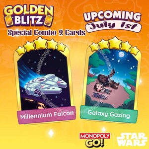 Galaxia Mirando + Halcón Milenario - Combo de Pegatinas Golden Blitz - Pegatinas de 5 estrellas de Monopoly_Go - Evento del 1 de julio