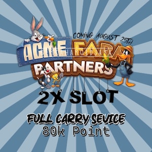 Peut inclure: Un graphique avec Bugs Bunny, Daffy Duck, Sylvester et Tweety Bird avec le texte ACME FARM PARTNERS, COMING AUGUST 25TH, 2X SLOT, FULL CARRY SEVICE et 80k Point sur un fond bleu et blanc en rayons de soleil avec des panneaux en bois.