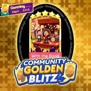 May include: A digital graphic featuring a five-star sticker titled With the Band, showing three cartoon musicians on a stage with a ferris wheel in the background. Text includes Comming... Sept. 22th and the title COMMUNITY GOLDEN BLITZ.