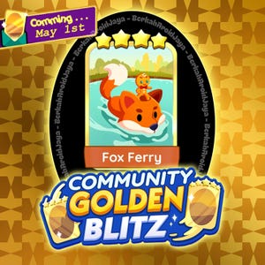May include: A promotional graphic for a community event. The image shows a cartoon fox swimming in water with a gingerbread man on its back. Text includes "Fox Ferry," "Community Golden Blitz," and "Coming May 1st."
