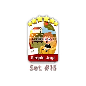 May include: A digital trading card featuring a cartoon character with brown hair and pink glasses sitting on a hay bale. The background shows a farm scene with a white house and a tree. The card displays five yellow stars, the text +1, Simple Joys, and Set #16.