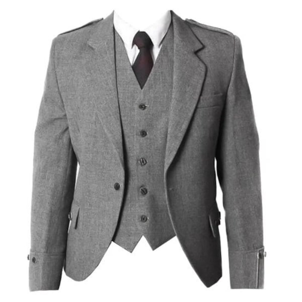 Scottish Men light Grey Kilt Jacket and Vest Scottish Handmade Argyll kilt Wedding Highland Jacket in All Sizes | Chest 34" to 56"