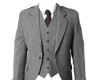 Scottish Men light Grey Kilt Jacket and Vest Scottish Handmade Argyll kilt Wedding Highland Jacket in All Sizes | Chest 34" to 56"