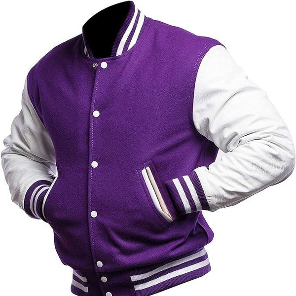 Varsity Jacke Männer College Baseball Bomberjacke Leder Letterman Jacke Männer 100% Original Lila Wolle Varsity Jacke mit Lederärmeln