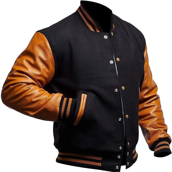 Varsity Jacke Männer College Baseball handgefertigte Jacke Leder Letterman Jacke Männer 100% Original Wolle Varsity Jacke Braune Lederärmel