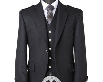 Hombres escoceses chaqueta y chaleco de kilt negro escocés hecho a mano Argyll kilt boda Highland chaqueta en todos los tamaños / pecho 34" a 56"