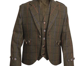 Schotse heren Argyle jas Bruin tweed Highland Schotse bruiloft kilt jas met giletmaat (34" tot 54")