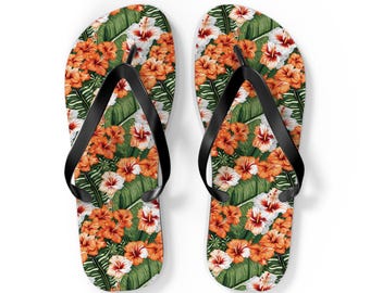 Tropical Hibiscus Floral Flip Flops | Orange Hawaiian Pattern