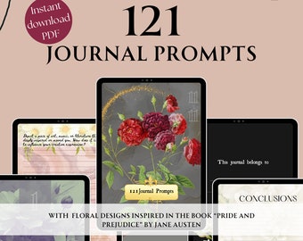 121 Journal Prompts with Floral Designs inspired in Pride and Prejudice, Jane Austen, Digital Download, Pdf