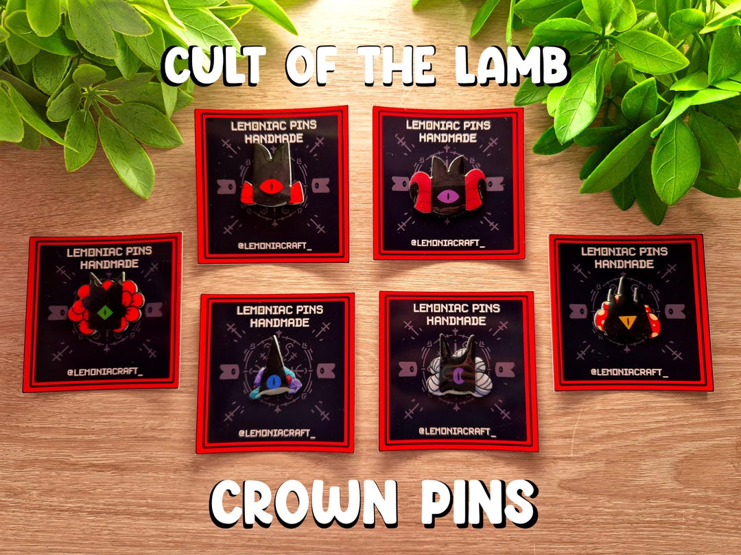 Pins based on Cult of the lamb, Narinder, Leshy, Shamura, Heket, Kallamar, The lamb, The goat, gamer accessories, cosplay, streamer