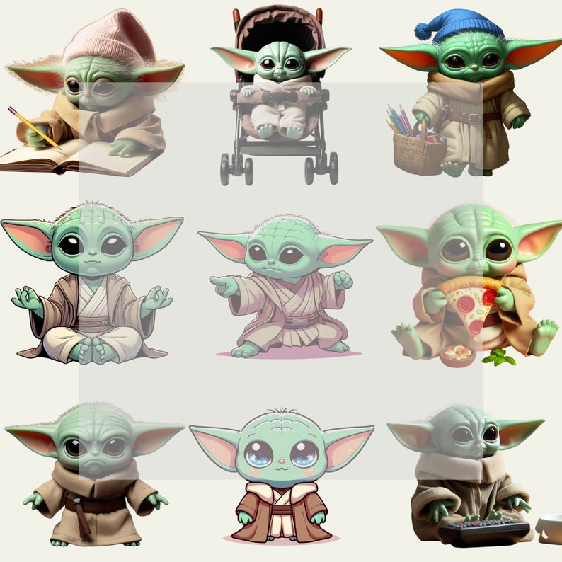 Baby Yoda Clipart PNG Bundle Sticker Sublimation, 128 Baby Yoda Kawaii ...