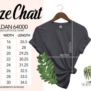 May include: Size chart for Gildan 64000 unisex softstyle t-shirt. The chart shows the width and length measurements in inches for sizes XS to 4XL.
