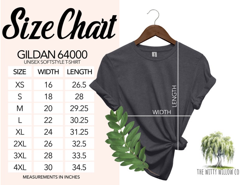 May include: Size chart for Gildan 64000 unisex softstyle t-shirt. The chart shows the width and length measurements in inches for sizes XS to 4XL.