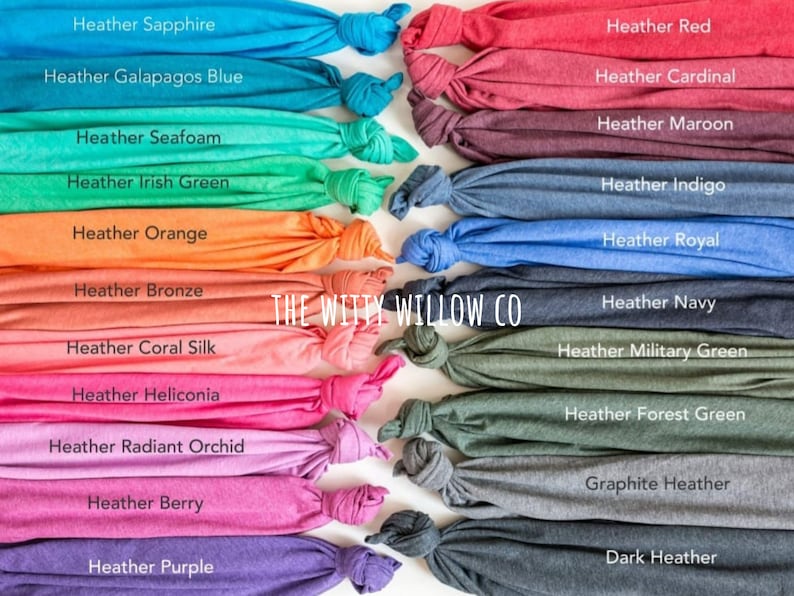 May include: A collection of fabric swatches in various heather colors, including sapphire, Galapagos blue, seafoam, Irish green, orange, bronze, coral silk, heliconia, radiant orchid, berry, purple, red, cardinal, maroon, indigo, royal, navy, military green, forest green, graphite heather, and dark heather. The swatches are arranged in two rows, with the text "THE WITTY WILLOW CO" printed in the center.