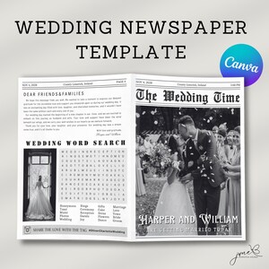 Zeitungshochzeitsvorlage, bearbeitbare Zeitungsprogrammvorlage auf CANVA, druckbare Vorlage, gefaltete Hochzeitszeitung, Hochzeitstag-Timeline