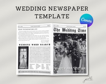 Newspaper Wedding Template, Editable Newspaper Program Template on CANVA, Printable Template, Folded Wedding Newspaper, Wedding Day Timeline